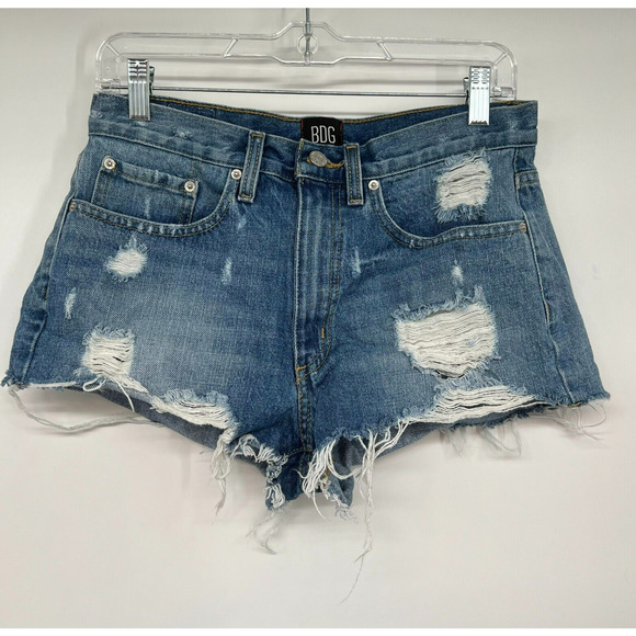 BDG Pants - Urban Outfitters BDG Essential Mid-Rise Jean Shorts Sz 27 Blue Ripped Distressed